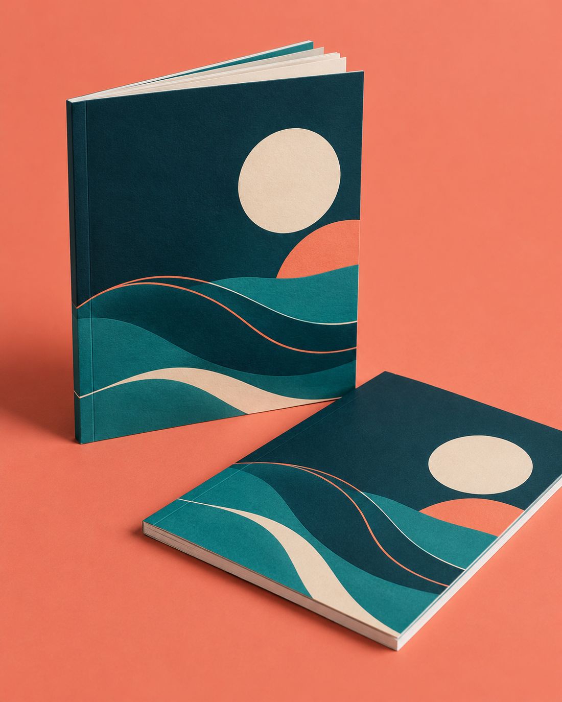 A printed guide booklet standing on a coral background with a second copy lying flat