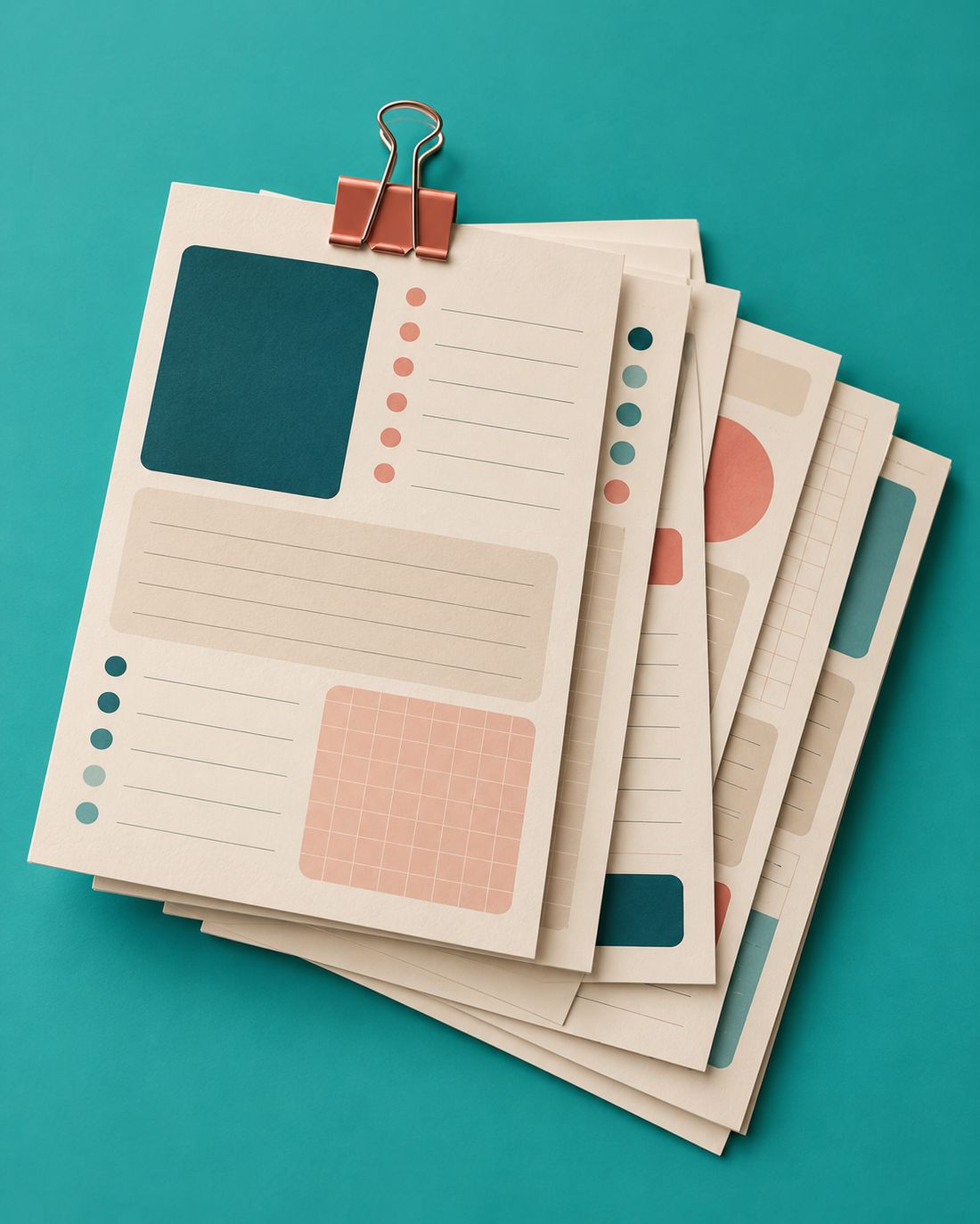 Cream and sand worksheets fanned out on a teal background with a coral clip