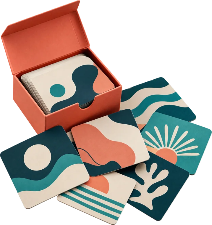 A coral box spilling square creative prompt cards