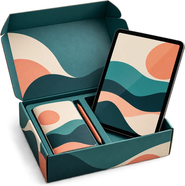 A teal kit box holding a tablet, a folded guide and a coral pencil