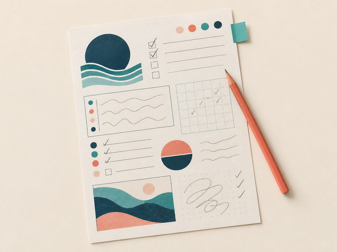 A worksheet filled in with pencil marks, a coral pencil and a teal sticky tab